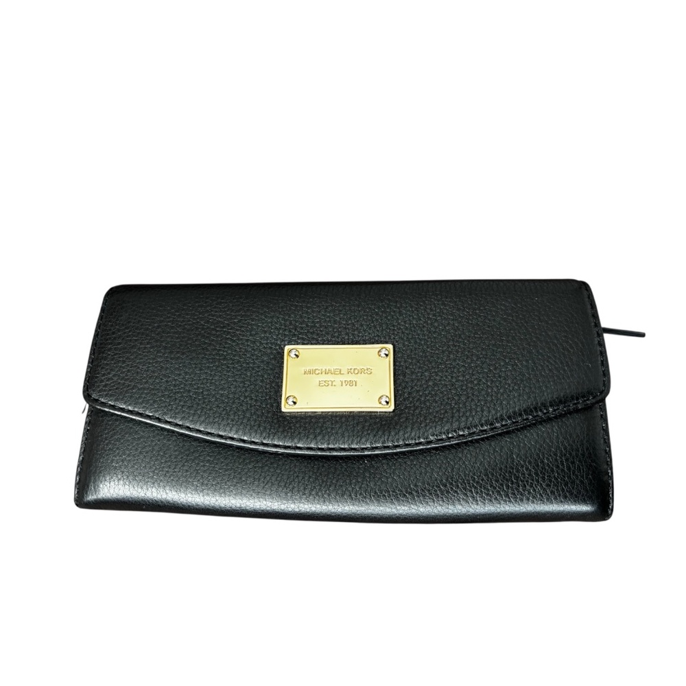 Michael Kors Jet Set Slim Fold Over Flap Wallet- Black Soft Pebbled Leather